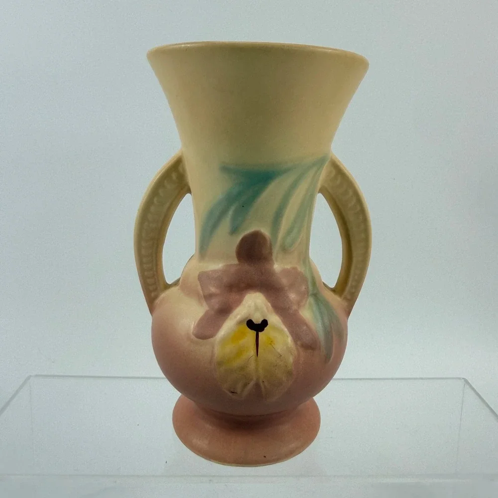 Vintage Hull Pottery Orchid Vase Two Handle 1-6.5 Pink Yellow Cream Matte 6.5in
